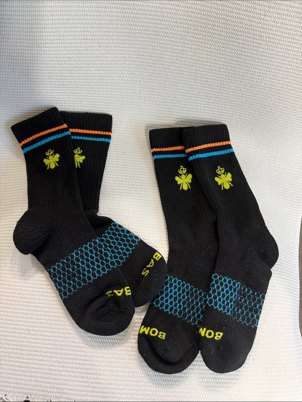 Bombas Black Athletic Crew Socks with Lime Bee and Blue-Orange Stripes